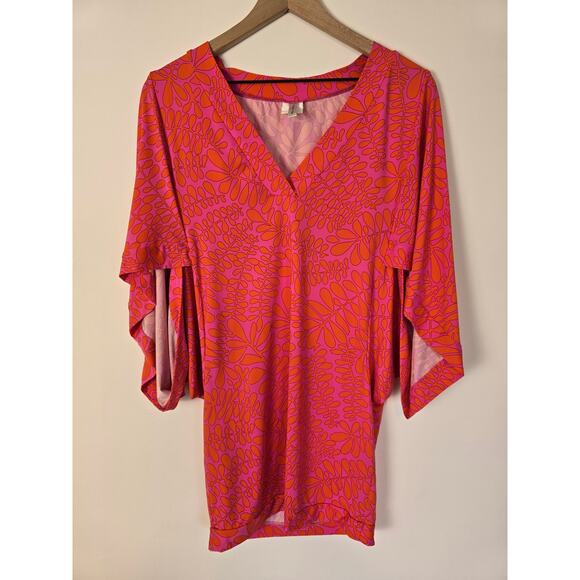 Trina Turk Pink Orange V-Neck Print Tunic Top Sz M Boho Resort Chic Blouse - Picture 4 of 6